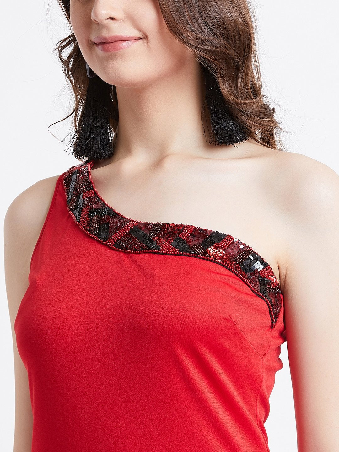 single shoulder embellished detail sheath dress 