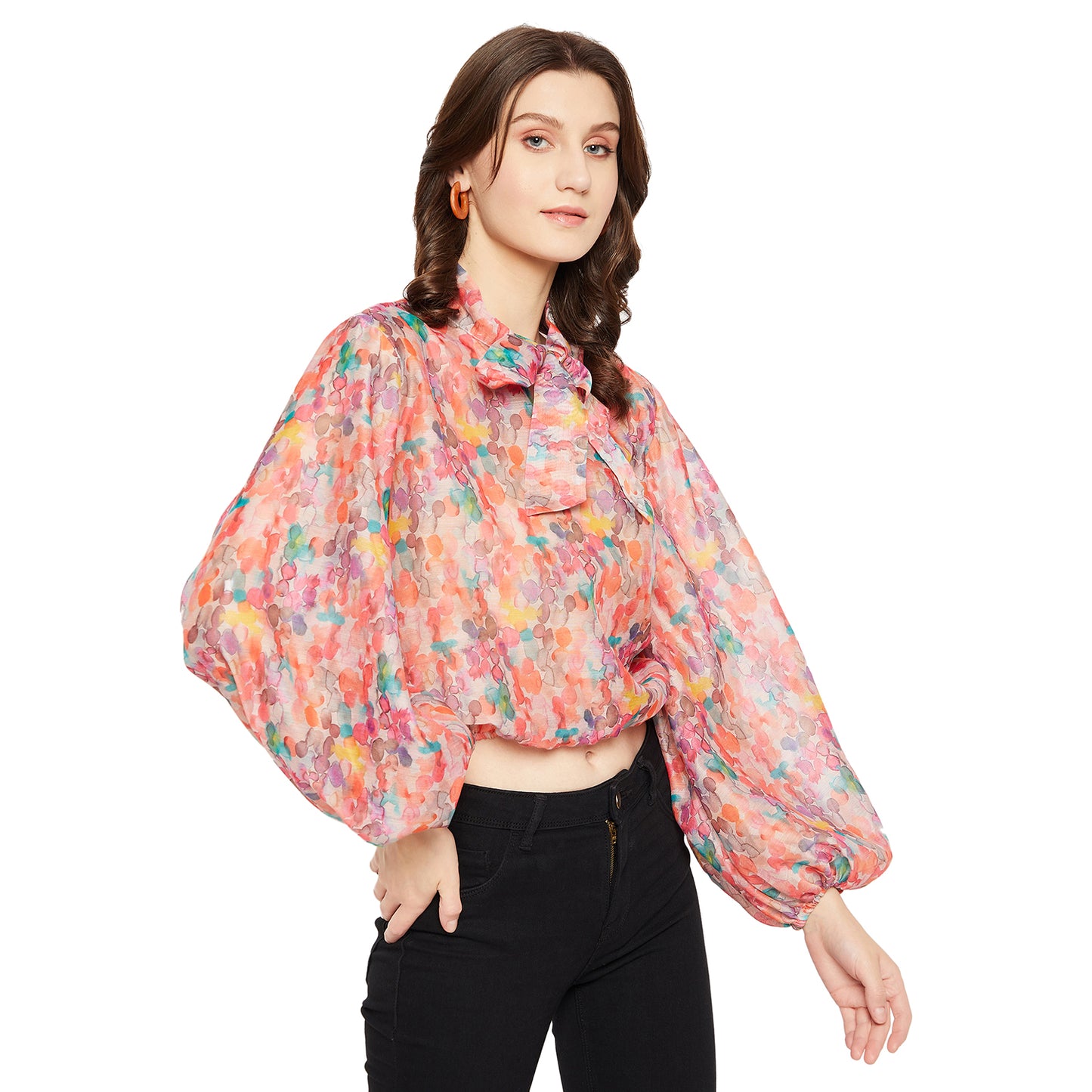 LY2 Floral print with tie-up neck smart casual top