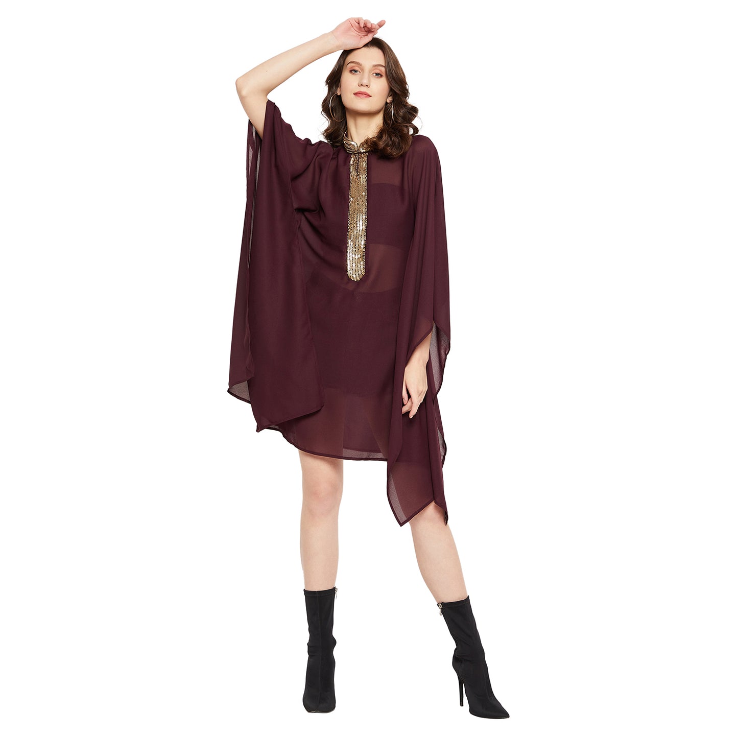 LY2 Elegant embellished short wine kaftan dress