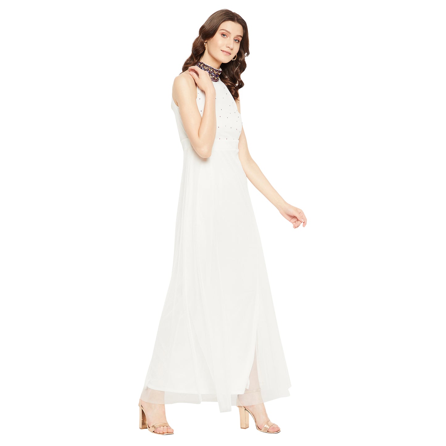 LY2 Embellished Cream long Dress with Side slit