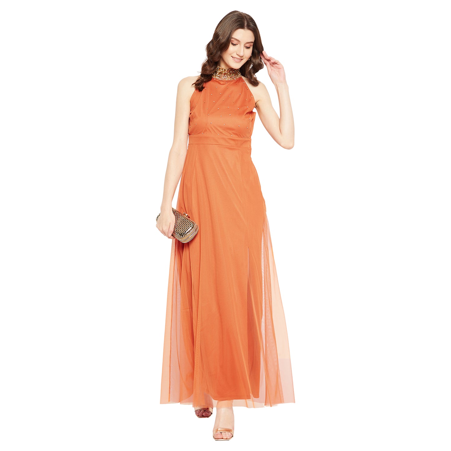 LY2 Embellished Orange long Dress with Side slit