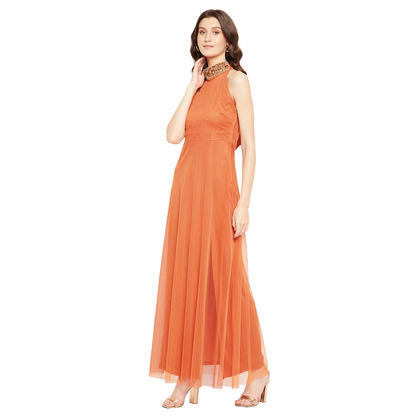 LY2 Embellished Orange long Dress with Side slit