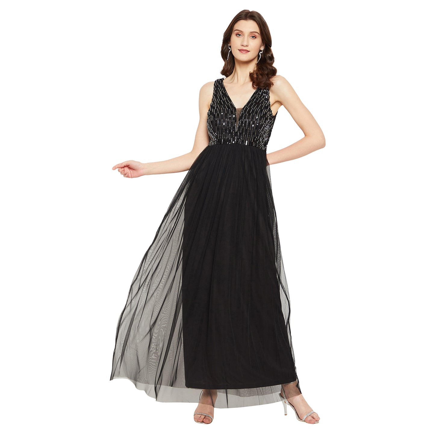 LY2 Black Embellished Net Maxi Dress