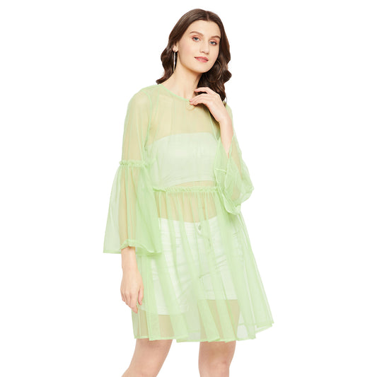 LY2 Green Net Dress with Bell Sleeves