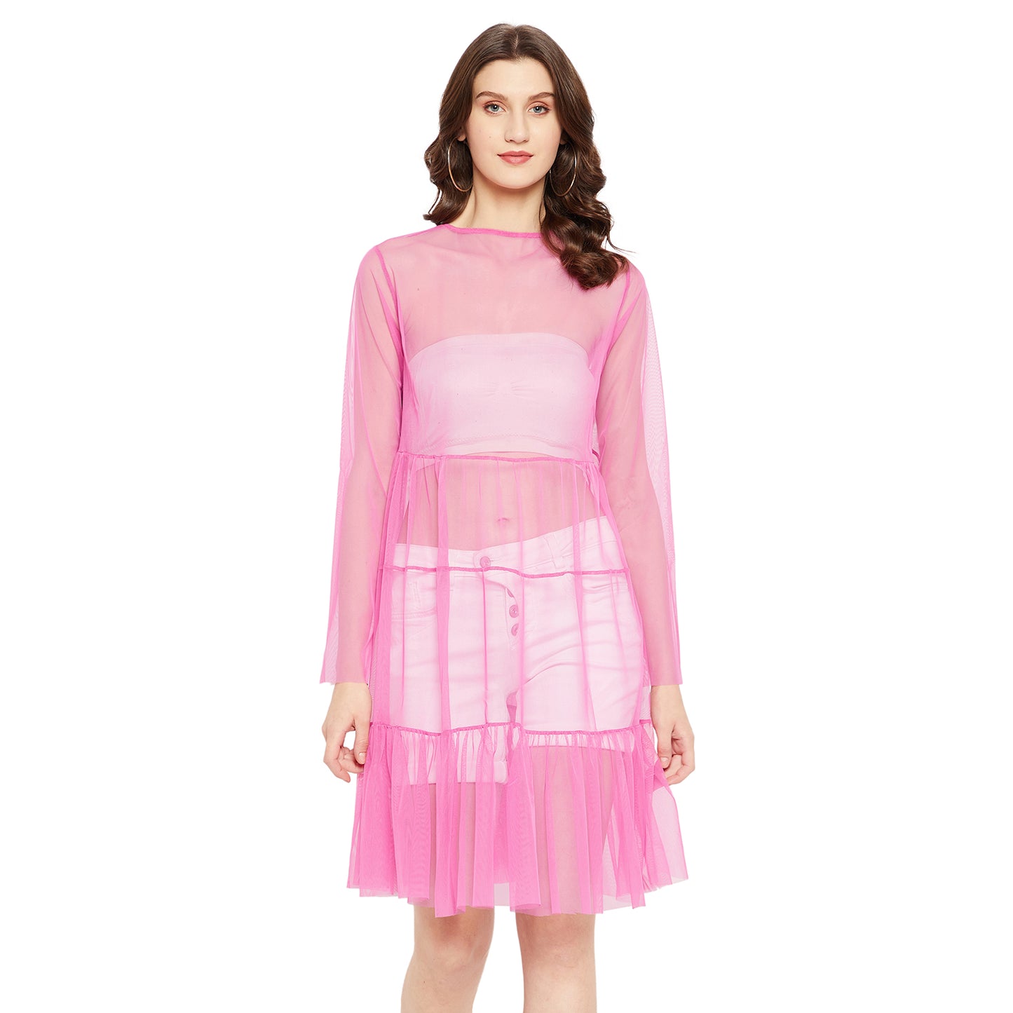LY2 Fuschia Net Dress with Bell Sleeves