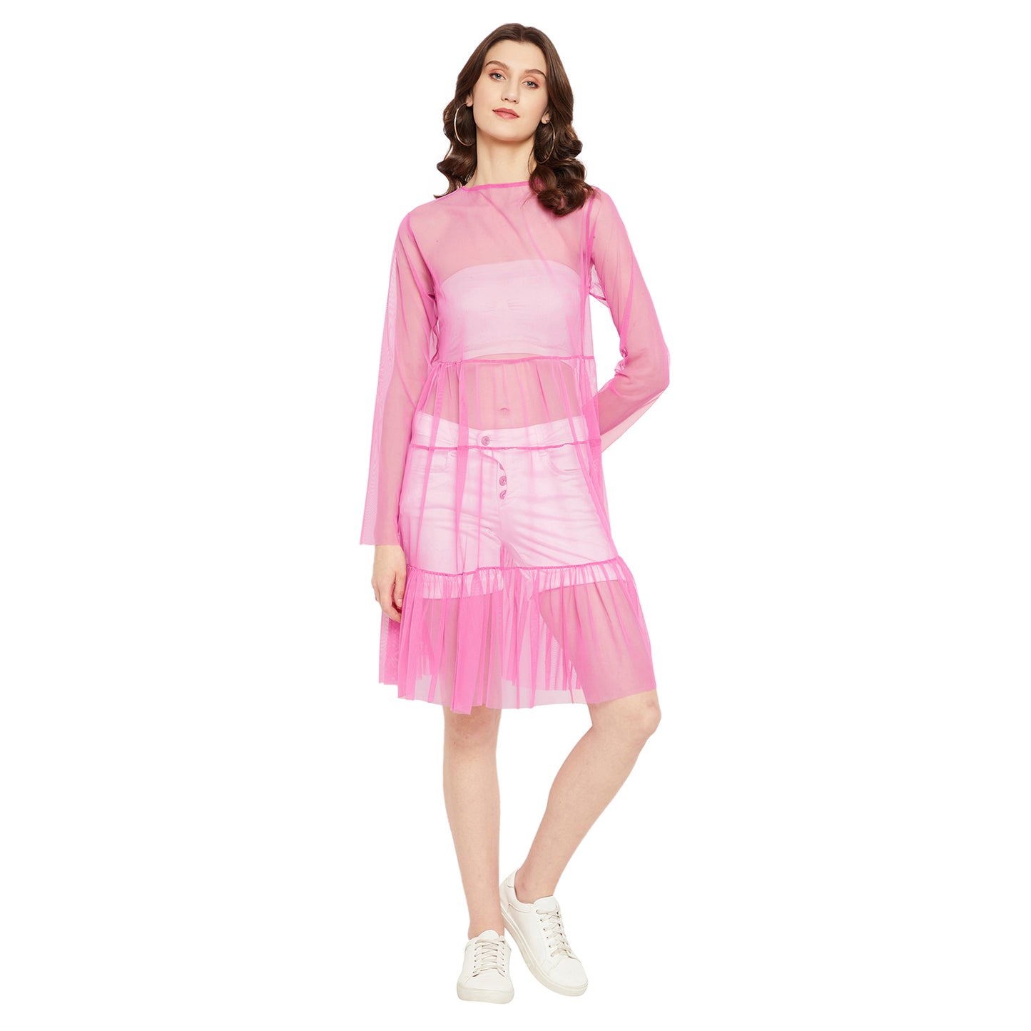 LY2 Fuschia Net Dress with Bell Sleeves