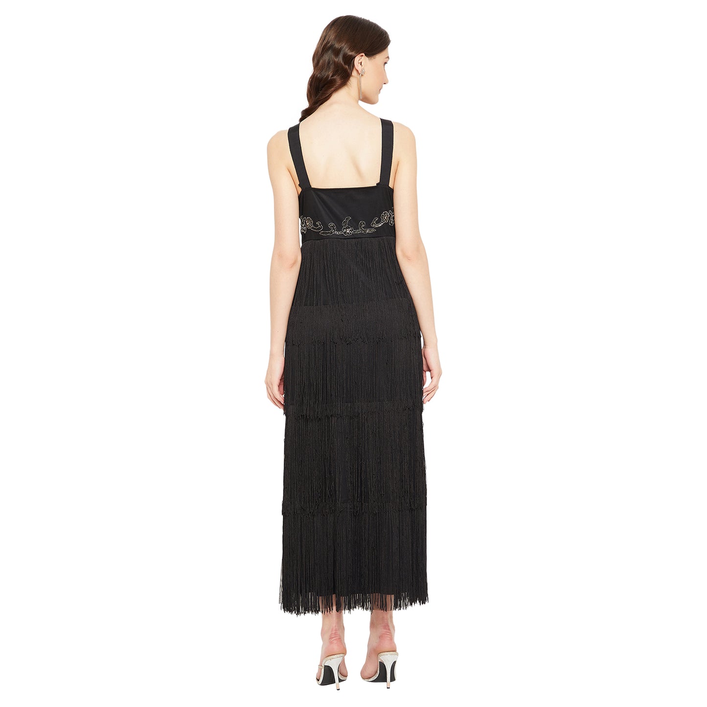 LY2 Elegant Black Fringed Strappy With Hand Embellished Dress