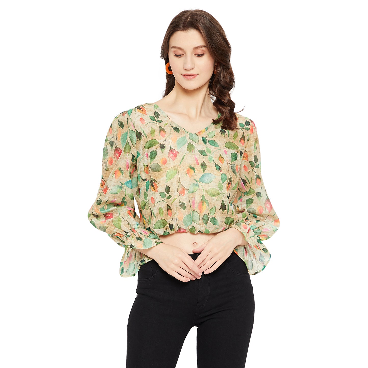 LY2 Floral print with v-neck smart casual top