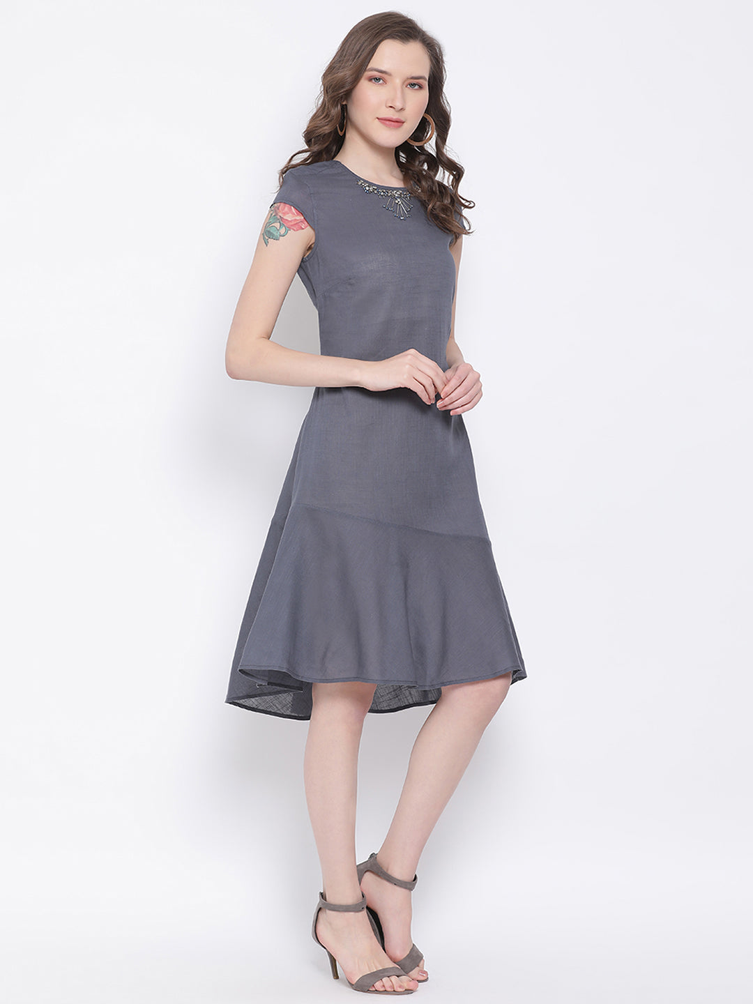 LY2 Dark Grey Short Sleeve High Low Short Dress