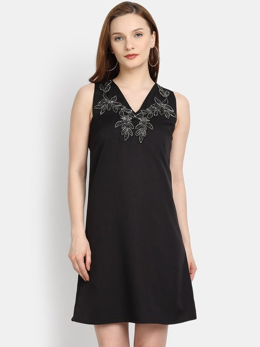 LY2 Embellished V Neck Black Short Dress