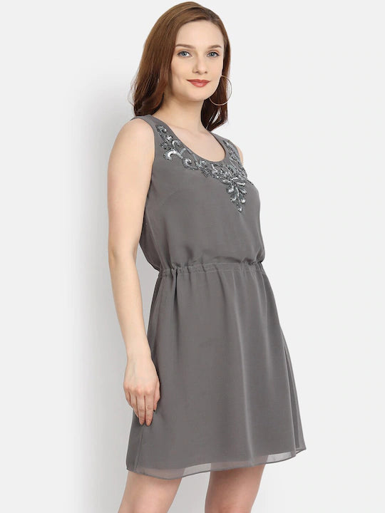 LY2 Georgette Grey Round Neck Sleeveless Flare Party Dress For Women