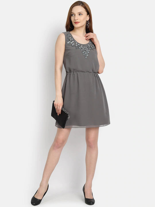 LY2 Georgette Grey Round Neck Sleeveless Flare Party Dress For Women