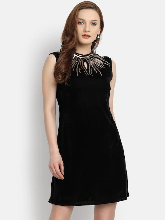 LY2 Polyester Black Round Neck Sleeveless Bodycon Party Dress For Women