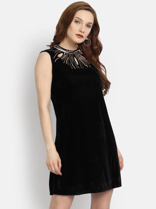 LY2 Polyester Black Round Neck Sleeveless Bodycon Party Dress For Women