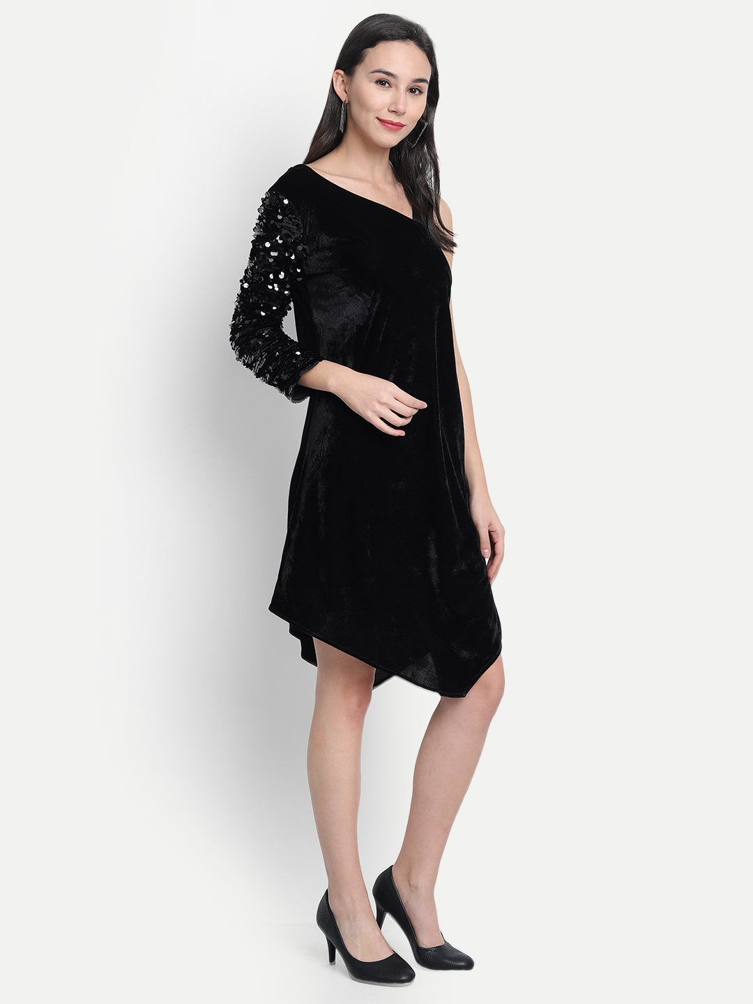 LY2 Elegant one shoulder strap black sequins dress