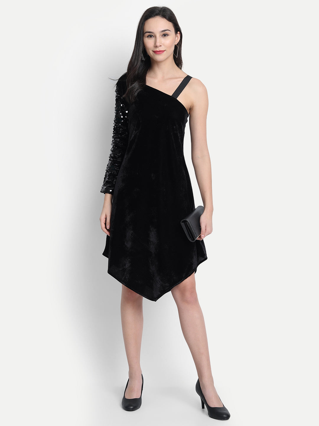 LY2 Elegant one shoulder strap black sequins dress