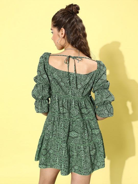 LY2 Polyester Green V-Neck Three-Quarter Sleeves Fit & Flare Party Dress For Women