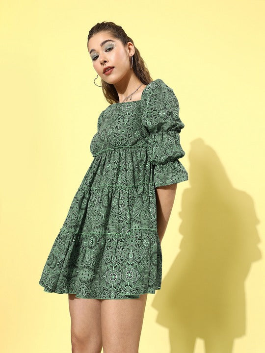 LY2 Polyester Green V-Neck Three-Quarter Sleeves Fit & Flare Party Dress For Women