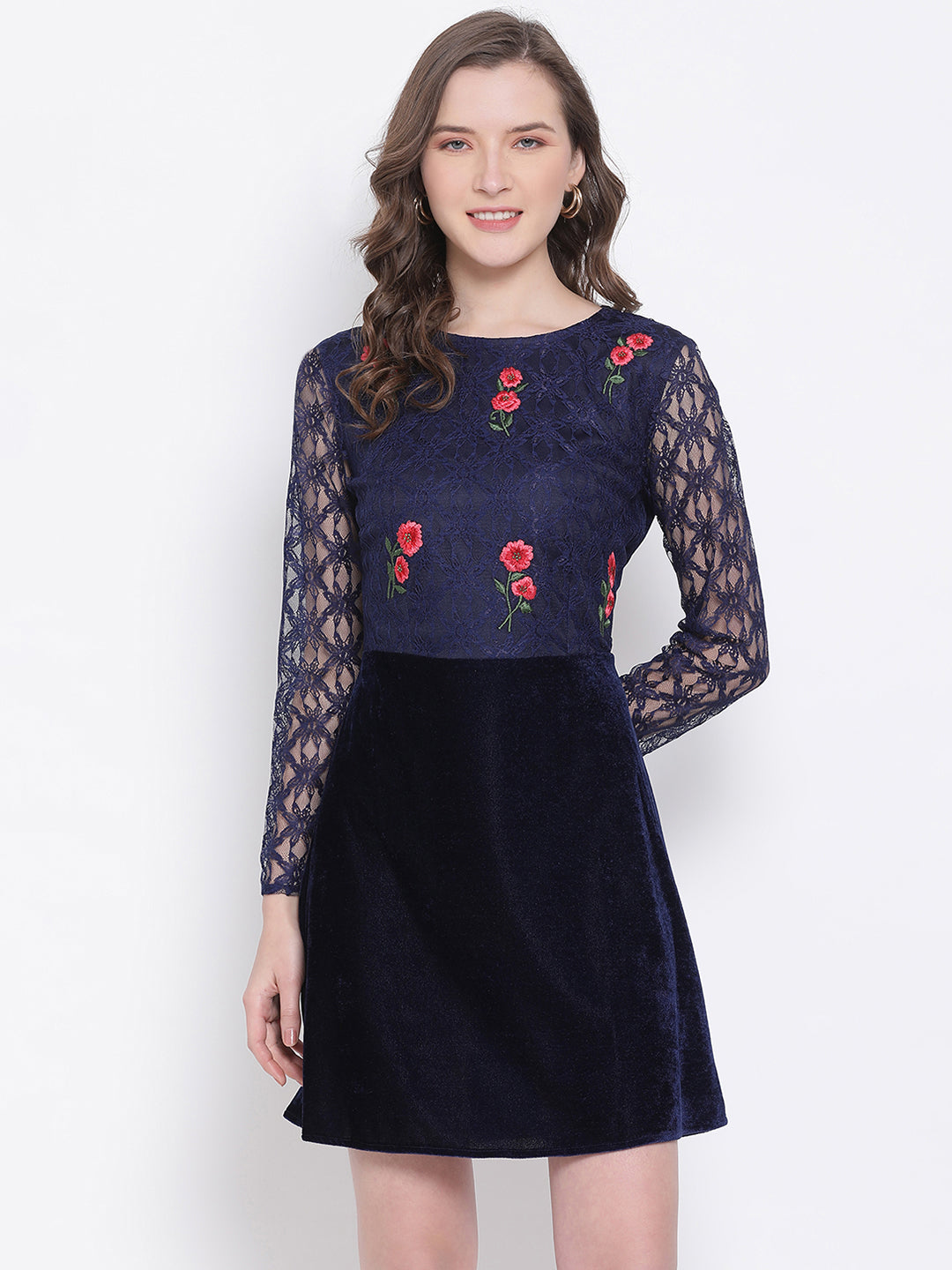 LY2 Polyester Blue Round Neck Long Sleeves A-Line Party Dress For Women