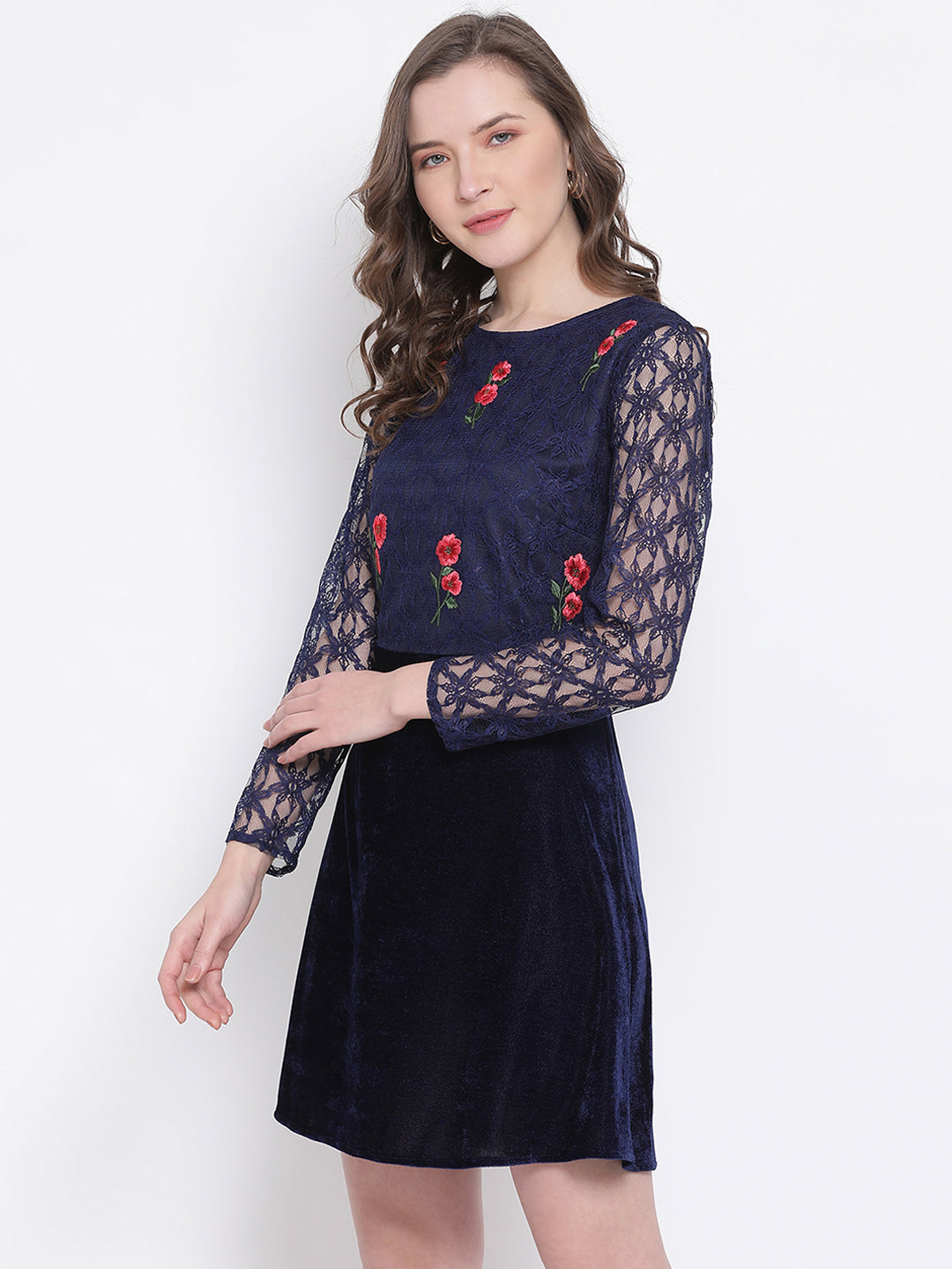 LY2 Polyester Blue Round Neck Long Sleeves A-Line Party Dress For Women