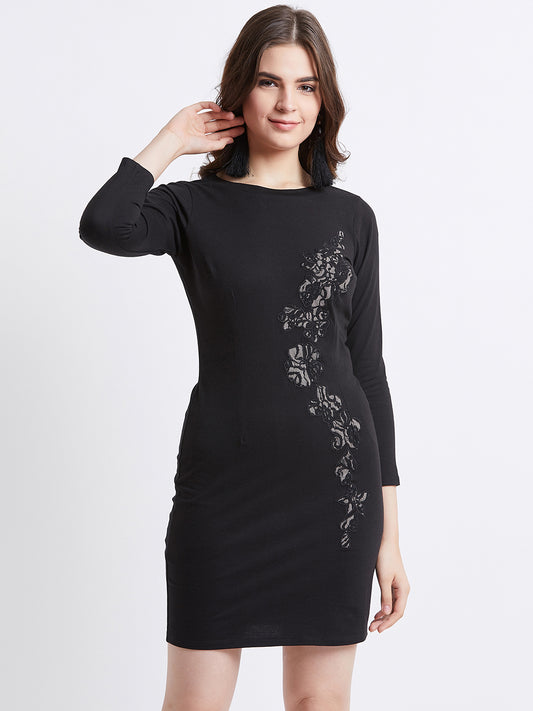 LY2 Polyester Black Boat Neck 3/4th Bodycon Party Dress For Women