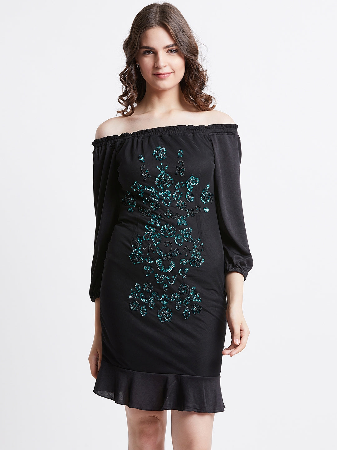 LY2 Polyester Black Off-Shoulder Three-Quarter Sleeves Sheath Party Dress For Women