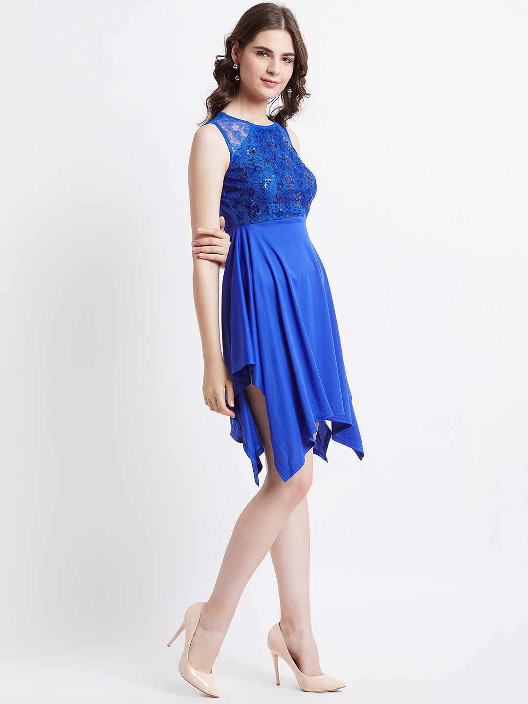 LY2 Polyester Blue Round Neck Sleeveless Fit and Flare Party Dress For Women