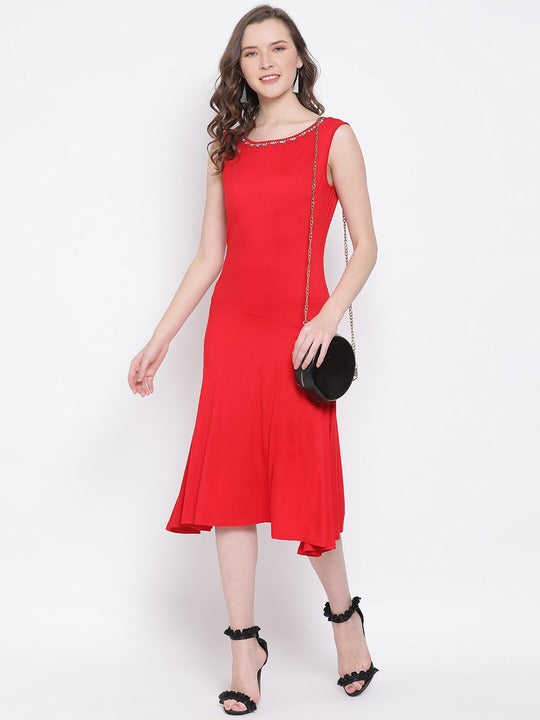LY2 Cotton Red Round Neck Sleeveless A-Line Party Dress For Women