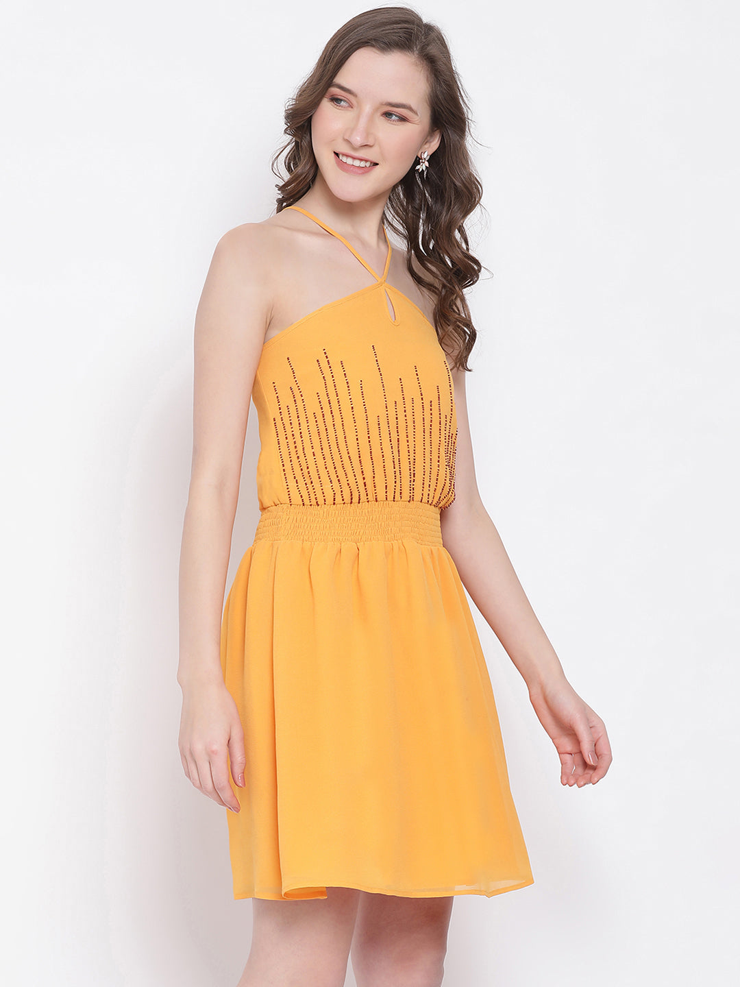 LY2 Polyester Mustard Halter Neck Short Sleeves Fit and Flare Party Dress For Women