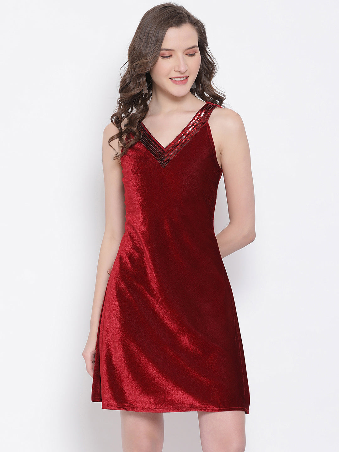 LY2 Velvet Red V-Neck Sleeveless A-Line Party Dress For Women