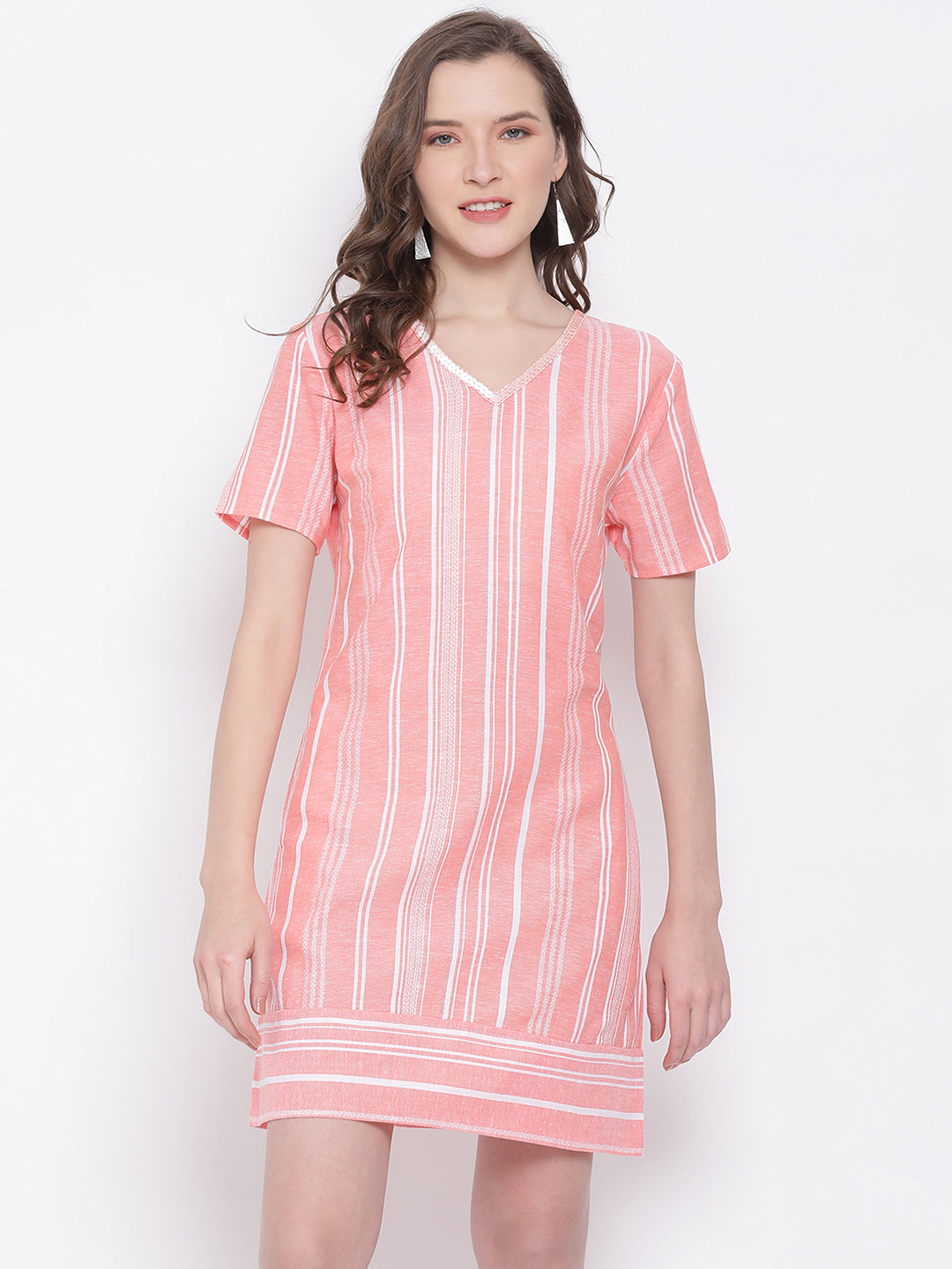 LY2 Cotton Peach V-Neck Short Sleeves A-Line Party Dress For Women