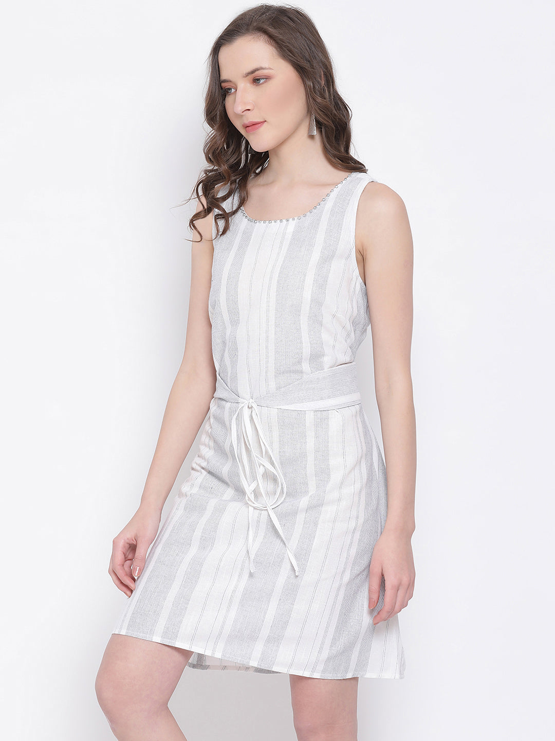 LY2 Embellished V-Neck Striped A-Line Dress