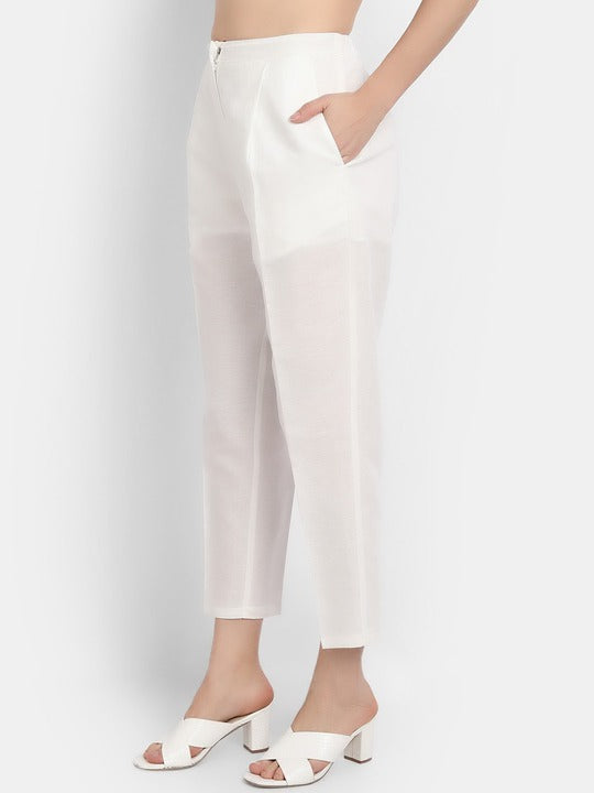 LY2 Cream linen ankle length pleated trousers