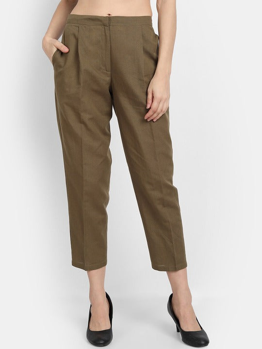 LY2 Green Linen Ankle length pleated trousers