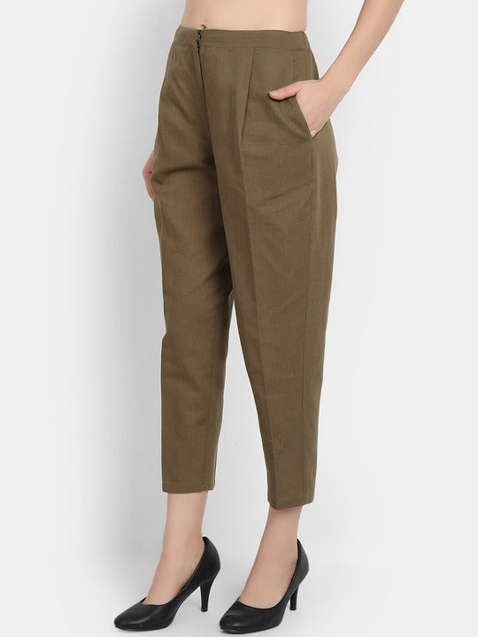 LY2 Green Linen Ankle length pleated trousers