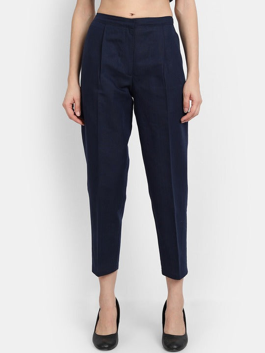 LY2 Navy blue Linen Ankle length pleated trousers