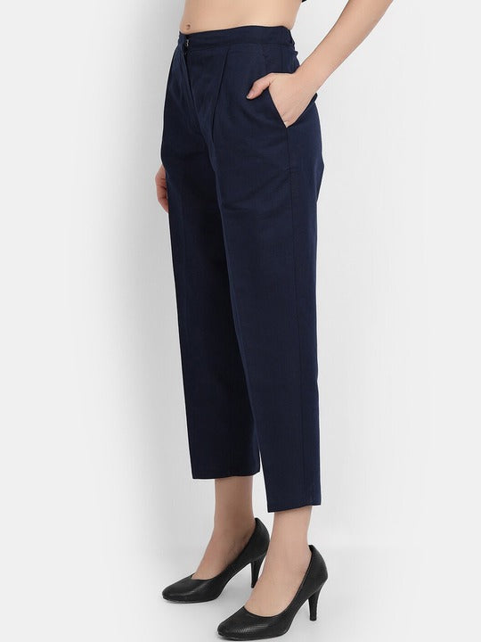 LY2 Navy blue Linen Ankle length pleated trousers