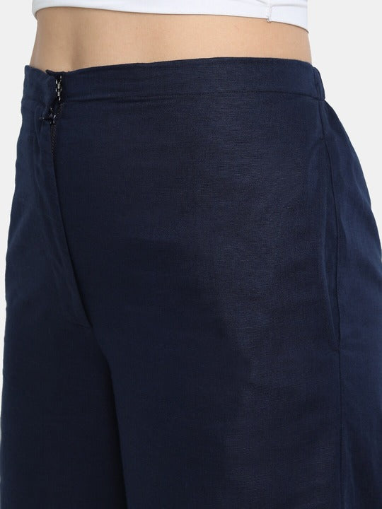 LY2 Navy blue Linen Mid Rise wide leg Trouser