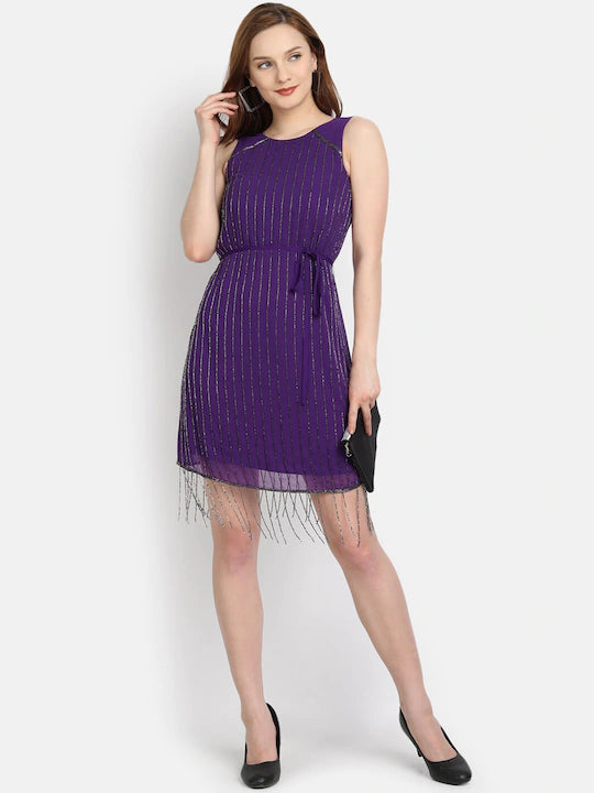 LY2 Embellished Round Neck Purple Short Party Dress
