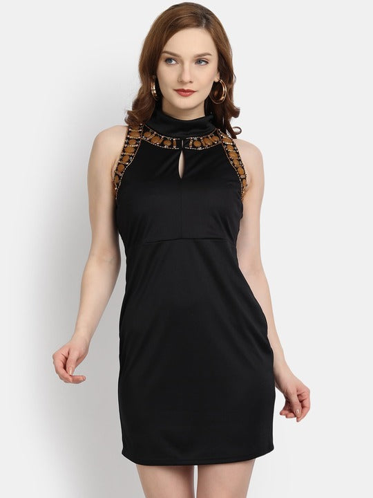 LY2 Embellished High Neck Black Short Dress