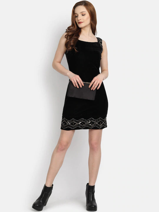 LY2 Embellished Square Neck Black Short Bodycon Dress