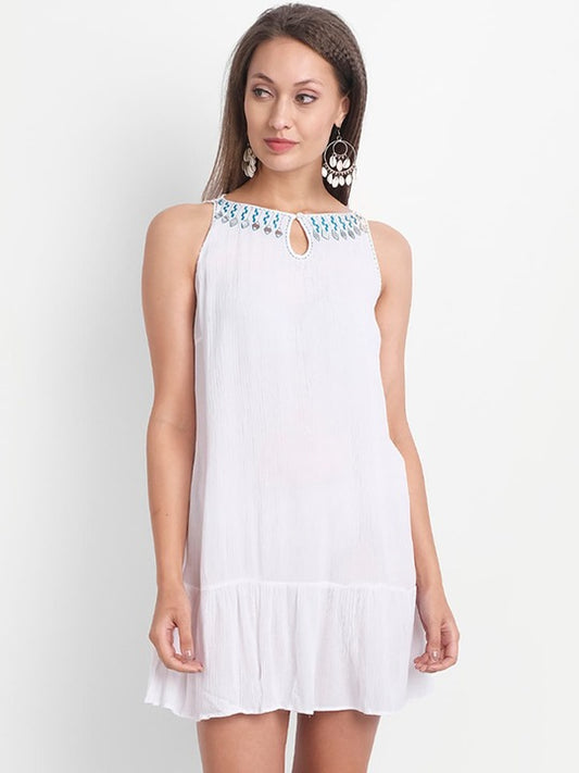 LY2 Elgant Cream Viscose Dress Embroidered With Thread For Travel, Holiday, Beach & Hot Summer Blues