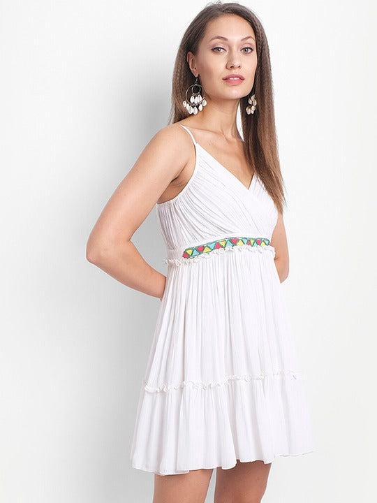 LY2 Sexy Cream Strappy Dress Embellished With Beads & Threadwork For Travel