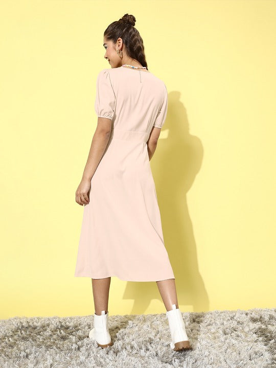 LY2 Women Cream-Coloured Solid High-Slit Midi Empire Dress